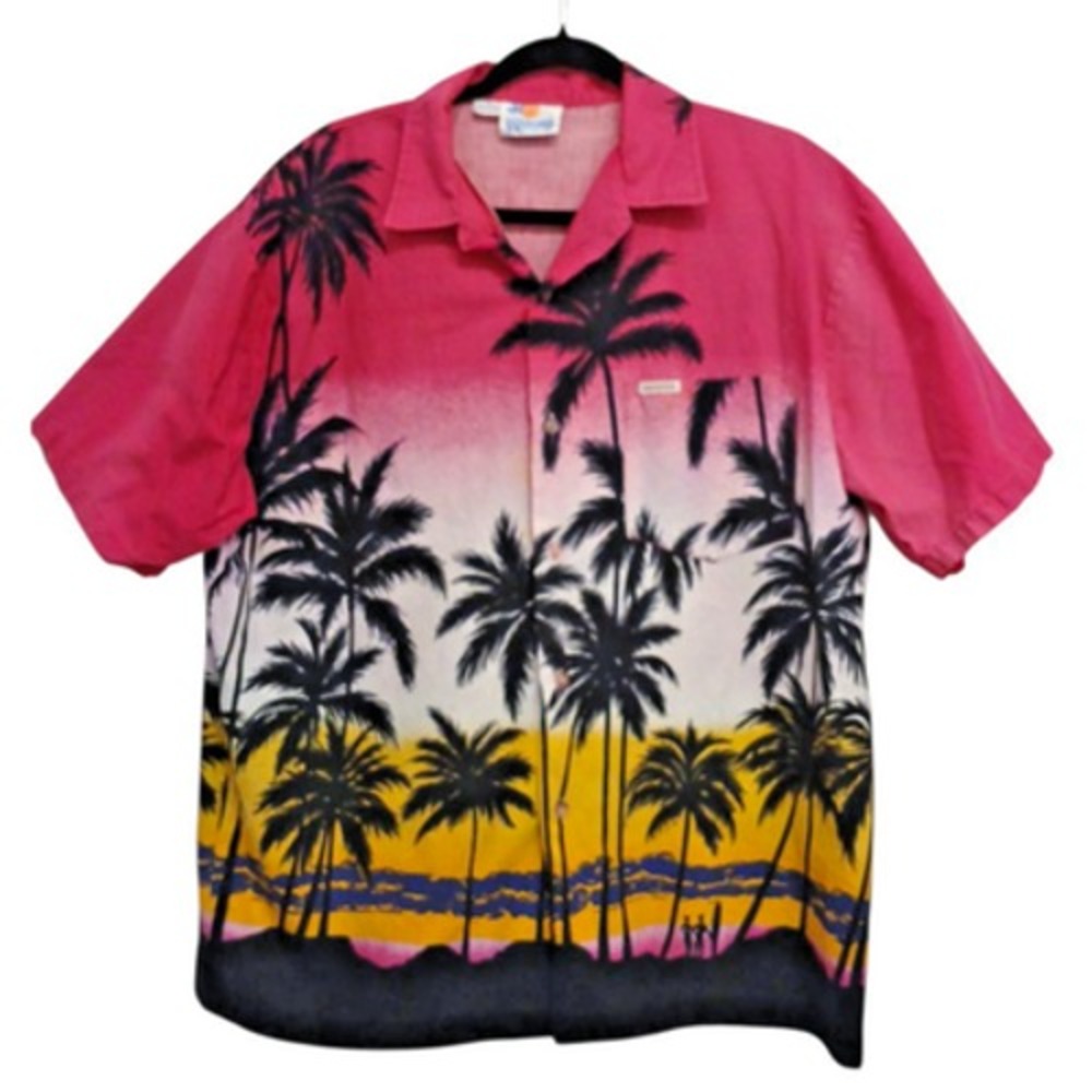 Vintage Tropical Bahamas Shirt Cotton XL Pink Palm Sun Luau Party Travel Hawaii